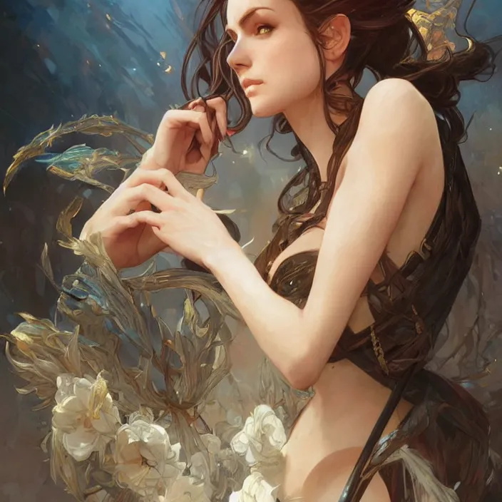 Image similar to portrait of a hot woman, D&D, fantasy, highly detailed, digital painting, artstation, smooth, sharp focus, illustration, art by artgerm and greg rutkowski and alphonse mucha