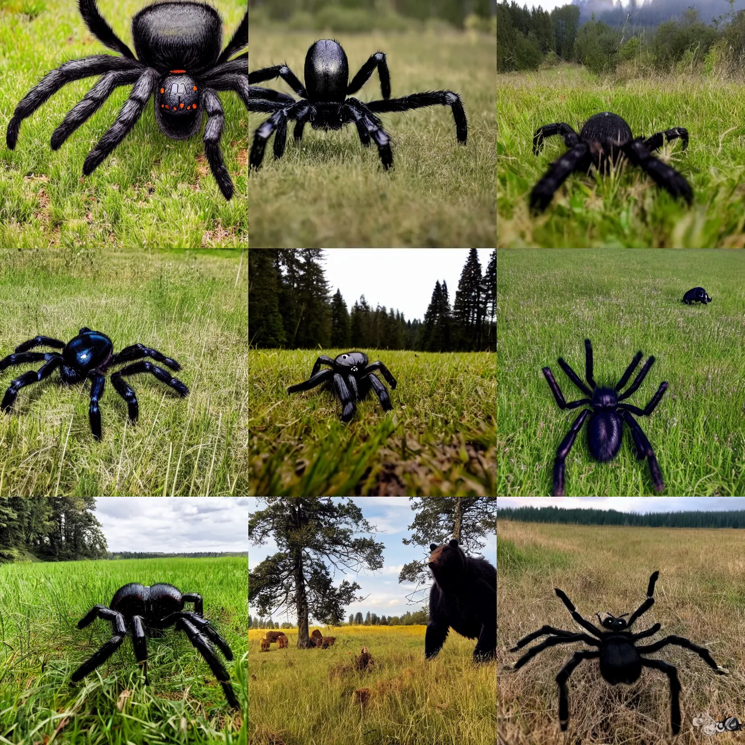 Prompt: photo of a giant black spider arachnid in a meadow standing infront of a bear in the distance, spider legs large, spider, orb weaver spider