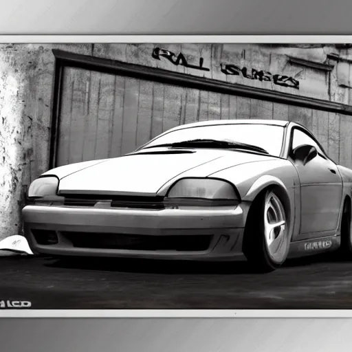 Image similar to photorealistic picture from car garage, city car, need for speed most wanted art style