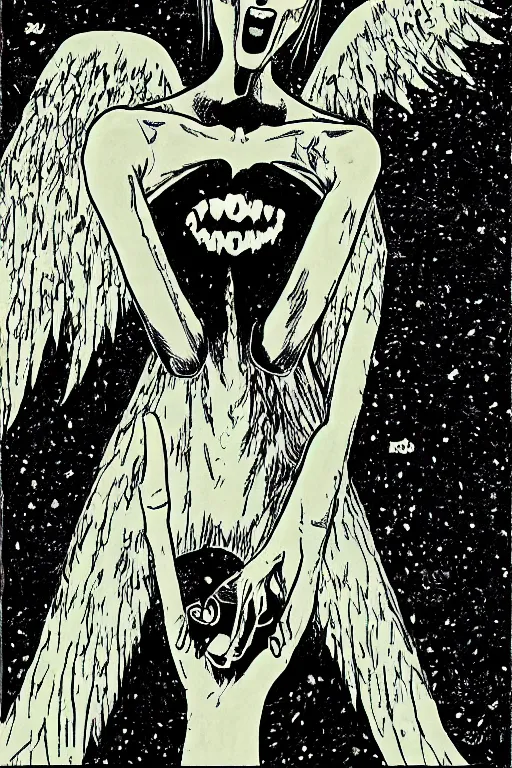 Prompt: angel of death smiling in the dark night, art by takeshi ohbata, junji ito