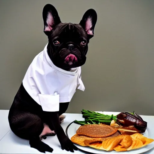 Image similar to black French Bulldog dressed as a chef