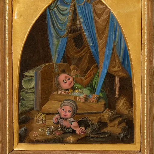 Prompt: a baby crawls away from a pile of jewels and toward a pile of coal in a throne room, detailed and realistic matte painting