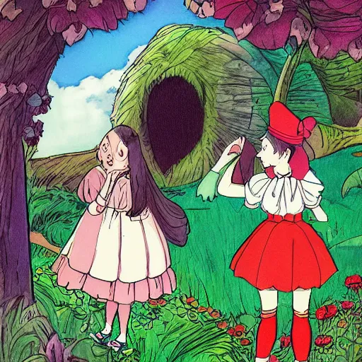 Prompt: colored illustration for alice in wonderland, in style of studio ghibli
