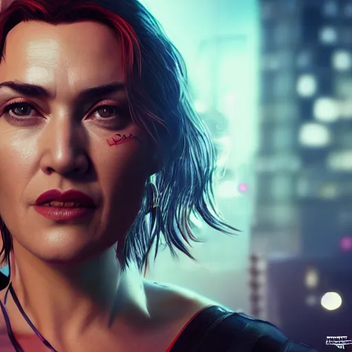 Image similar to kate winslet portrait, cyberpunk 2 0 7 7, cyberpunk judy alvarez, photorealistic, ultra detailed, neon, octane, bokeh, cinematic lighting, cyber, cyberpunk city, studio quality, feature, scars, cyberface, 8 k