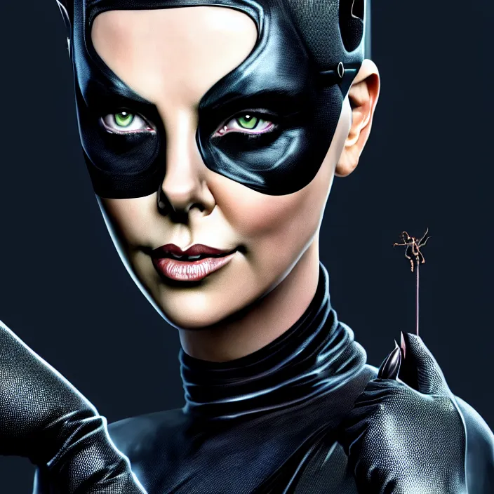 Image similar to portrait of charlize theron as catwoman. photograph. hd, 4 k. intricate artwork. by tooth wu, wlop, beeple, dan mumford. octane render, trending on artstation, greg rutkowski very coherent symmetrical artwork. cinematic, hyper realism, high detail, octane render, 8 k, iridescent accents.