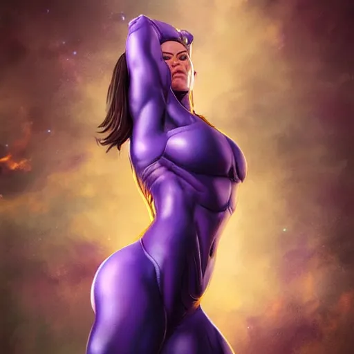 Image similar to thanos as a muscular woman, highly detailed full body portrait, elegant, breathtaking art, by artgerm