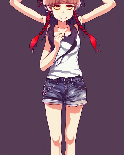 Prompt: fullbody portrait of half - lynx girl with wolf nose and ears, wearing summer jeans shorts and tshirt, anime art, concept art, detailed attractive face, trending on pixiv