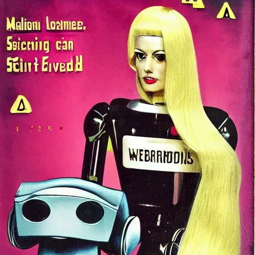 Prompt: menacing robot wearing blonde wig, 5 0's sci fi book cover