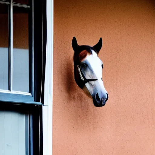 Image similar to photo of a horse wearing a captain america costume looking into a lounge window in a house