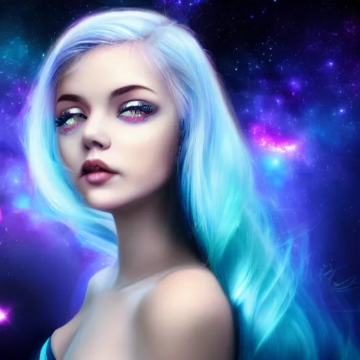 Prompt: photorealistic portraits of girl, blue hair, background with beautiful photography of nebula space wallpaper 8k