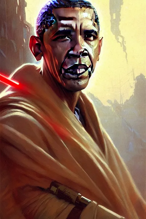 Prompt: barack obama as a advanced elegant jedi, smooth face, star wars, painting by gaston bussiere, craig mullins, greg rutkowski, akiri toriyama