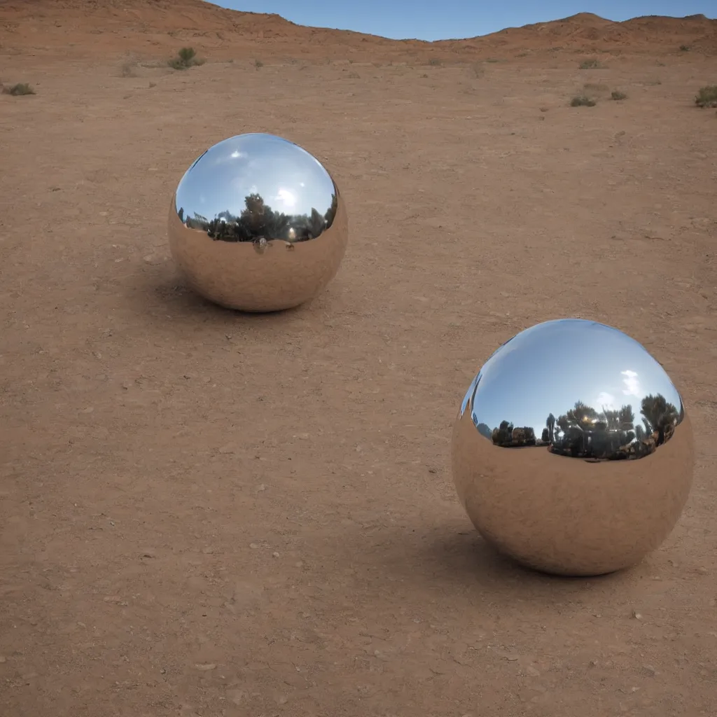 Image similar to a large metallic ball with a mirror finish sits in the arizona desert