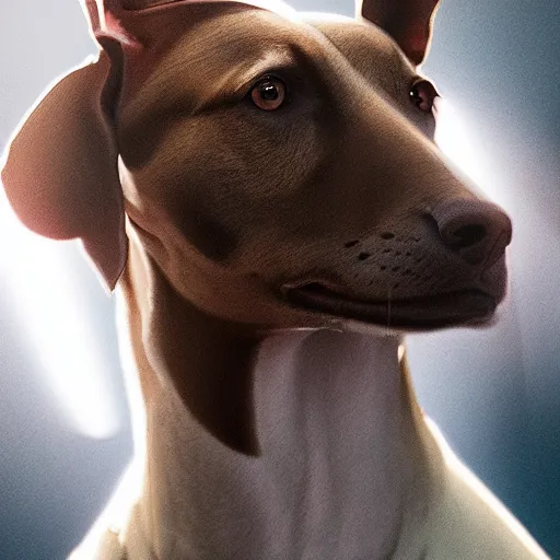 Image similar to portrait art of brown white greyhound as a police officer, art by alessio albi 8 k ultra realistic, lens flare, atmosphere, glow, detailed, intricate, full of colour, led lighting, trending on artstation, 4 k, hyperrealistic, focused, extreme details, unreal engine 5, masterpiece