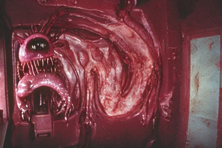 Image similar to peppa the pig infected by xenomorph from movie alien 1 9 7 9, staying at nostromo spaceship. extreme long shot, cinestill, giger, hermann nitsch, dark colors