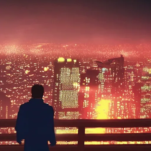 Prompt: Still of Captain Falcon watching a city skyline sunset in the movie Blade Runner, cinematic lighting, 4k