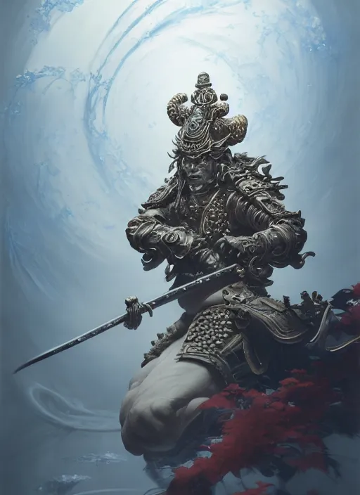 Image similar to subsurface scattering, white, koi, samurai deity with filigree armor, rim light, by jesper ejsing, justin gerard, tomasz alen kopera, cgsociety and fenghua zhong, highly detailed, cinematic lighting, illustration, art, octane render, very coherent, cinematic, hyper realism, high detail, octane render, 8 k