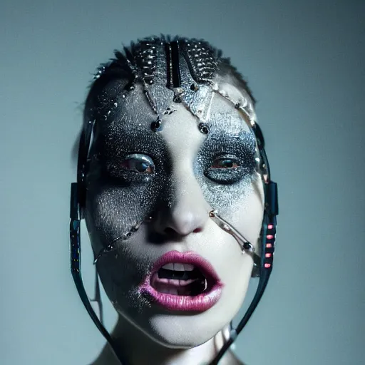 Prompt: fashion photography of an extraterrestrial model with opened mouth, wearing demobaza fashion, inside berghain, berlin fashion, harness, futuristic fashion, dark minimal outfit, photo 3 5 mm leica, hyperdetail, berghain, 8 k, very detailed, photo by nick knight