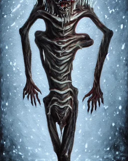 Image similar to Horrifying detailed painting of a pale, emaciated humanoid creature. It has sharp teeth and claws with pale milky eyes; snow, woods, blood; dark cinematic lighting, hyper detailed, moody