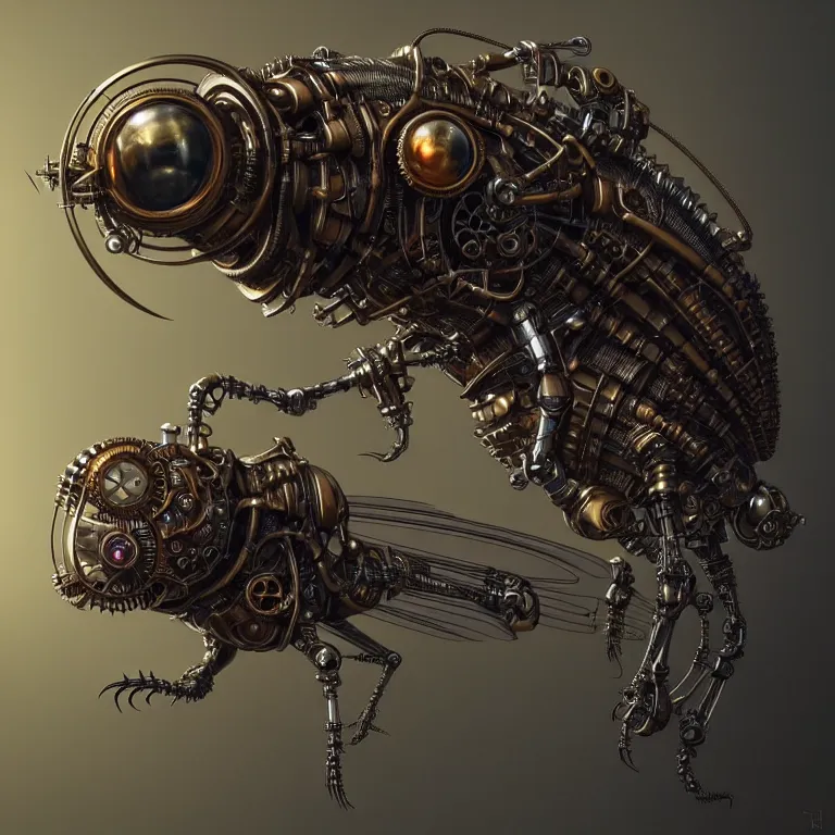 Image similar to steampunk cybernetic biomechanical fly, 3 d model, unreal engine realistic render, 8 k, micro detail, intricate, elegant, highly detailed, centered, digital painting, artstation, smooth, sharp focus, illustration, artgerm, tomasz alen kopera, wlop