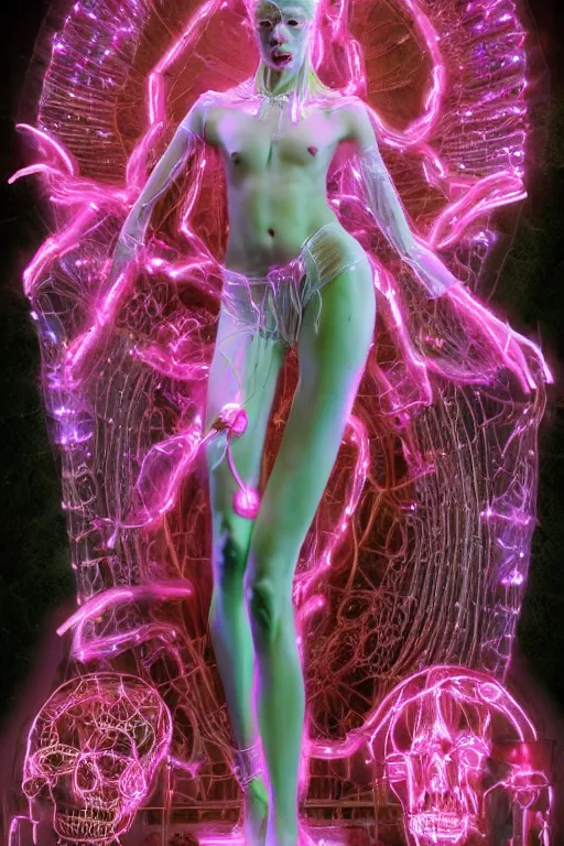 Image similar to full-body photo rococo and cyberpunk delicate neon crystalline sculpture of ((muscular slender albino Italian Prince)) as a dark iridescent humanoid deity wearing a thin see-through ((plastic hooded cloak)) sim roupa (holding a human skull), reclining con (((las piernas abiertas))), glowing pink face, crown of (white lasers), large diamonds, swirling black silk fabric. futuristic elements. oozing glowing liquid, full-length view. space robots. intricate artwork by caravaggio. Trending on artstation, octane render, cinematic lighting from the right, hyper realism, photo realistic, octane render, 8k, depth of field, 3D