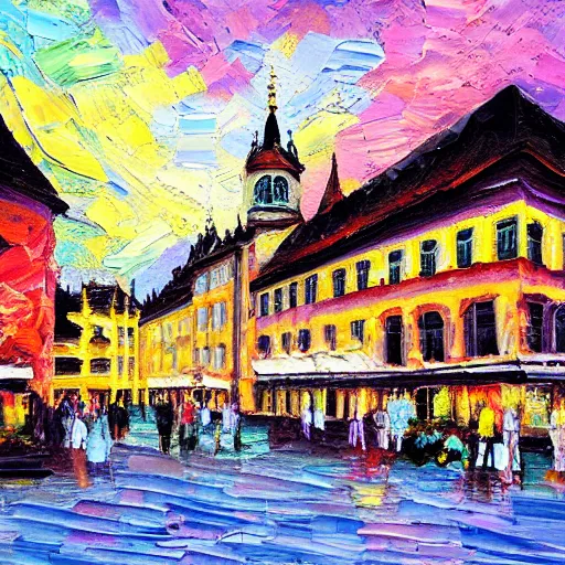 Image similar to a beautiful impasto oil painting of the city of the chiemsee, digital art