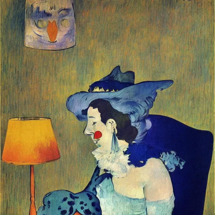 Prompt: dream infusion in a woman with white dress and colorful primitive mask and blue dog. lamp light. henri de toulouse - lautrec, rene magritte, max ernst, walton ford