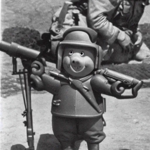Prompt: Peppa Pig as a soldier in World War II, ww2, black and white photo, 1940