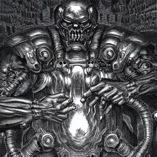 Prompt: doom!! ( 1 9 9 4 ) classic cyberdemon!!! horns, volcan cannon!!!, art by gustave dore, anotation, blueprint