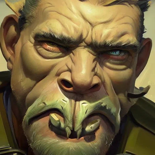 Prompt: greg manchess close - up portrait painting of a ruggedly handsome old dieselpunk orc general with olive green skin as an overwatch character sitting in his office, organic painting, sunny day, matte painting, bold shapes, hard edges, street art, trending on artstation, by huang guangjian and gil elvgren and sachin teng