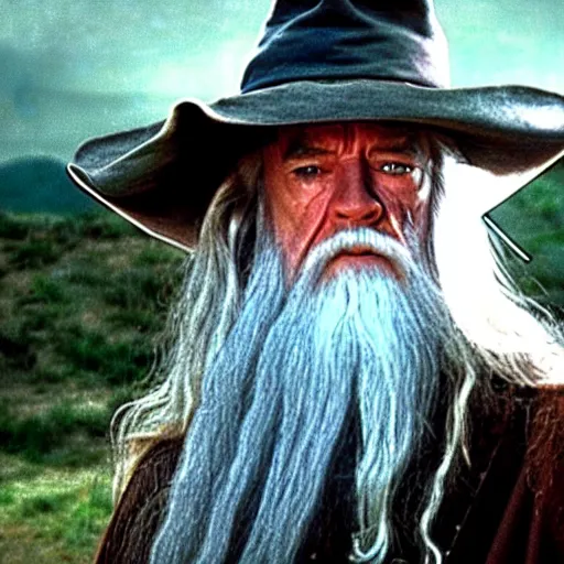 Image similar to Gandalf wearing a cowboy hat. Movie still from lord of the rings the fellowship of the ring