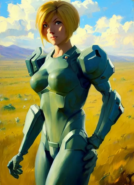 Image similar to Greg Manchess painting of Samus from Metroid Prime, countryside, calm, fantasy character portrait, dynamic pose, above view, sunny day, thunder clouds in the sky, artwork by Jeremy Lipkin and Giuseppe Dangelico Pino and Michael Garmash and Rob Rey, very coherent asymmetrical artwork, sharp edges, perfect face, simple form, 100mm