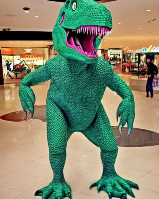 Prompt: a dinosaur wearing 80s clothes at the mall