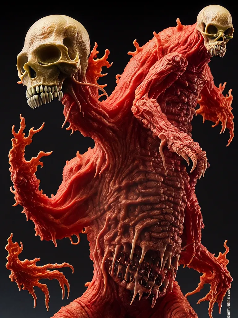 Image similar to hyperrealistic rendering, fat smooth cronenberg flesh monster transparent kaiju with skull and spine by donato giancola and greg rutkowski and wayne barlow and zdzisław beksinski, product photography, action figure, sofubi, studio lighting, colored gels, colored background