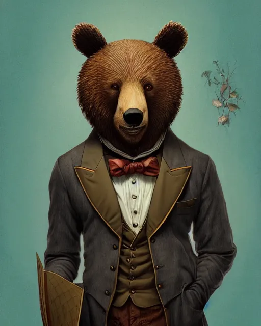 Image similar to anthropomorphic art of a detective bear, victorian inspired clothing by artgerm, victo ngai, ryohei hase, artstation. fractal papersand books. highly detailed digital painting, smooth, global illumination, fantasy art by greg rutkowsky, karl spitzweg