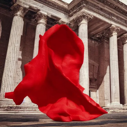 Image similar to a figure covered by red cloth that's blowing in the wind standing in a beautiful roman city, digital art, concept art, cloth simulation with houdini, octane, redshift, 8 k