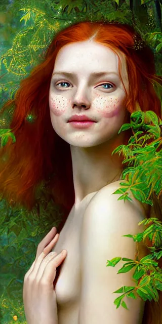 Prompt: young woman, smiling amazed of firefly lights, full covering intricate detailed dress, amidst nature, long red hair, precise linework, accurate green eyes, small nose with freckles, beautiful oval shape face, empathic, expressive emotions, dramatic lights, hyper realistic ultrafine art by artemisia gentileschi, jessica rossier, boris vallejo