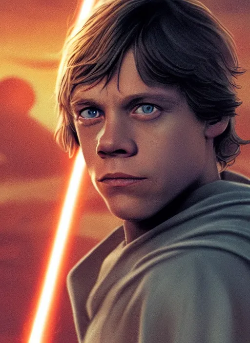 Prompt: portrait of young mark hamill as luke skywalker in a heroic action pose against a tatooine sunset, close up, dramatic lighting, octane render, digital art