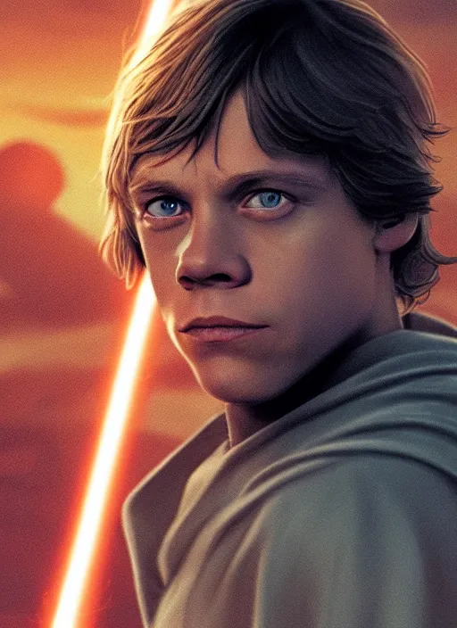 prompthunt: high quality portrait of young mark hamill portraying luke  skywalker, dark dramatic lighting, portrait insanely detailed, great  composition, 8 k, by greg rutowski, trending on artstation, deviantart,  beautiful