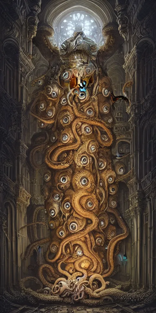 Image similar to group of mankind species mages with big octopus heads and a lot of small translucent jellyfishes floating around inside an ancient mage castle hall colossal scale, gothic and baroque, brutalist architecture, ultradetailed, Intricate by Ellen Jewett and Josan Gonzalez and Giuseppe Arcimboldo