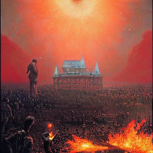 Prompt: the last selfie taken in russia red square, nuclear explosion, russian flag burning, hydrogen bomb explosion, by donato giancola and greg rutkowski and wayne barlow and zdzisław beksinski,