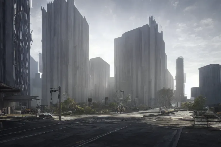 Image similar to streetscape, a towering cathedral of brutalist architecture, buildings covered with greebles, stunning volumetric light, sunset, metal, concrete and translucent material, stunning skies, majestic landscape, trending on Artstation, 8k, photorealistic, hyper detailed, unreal engine 5, IMAX quality, cinematic, epic lighting, in the style of Greg Rutkowski