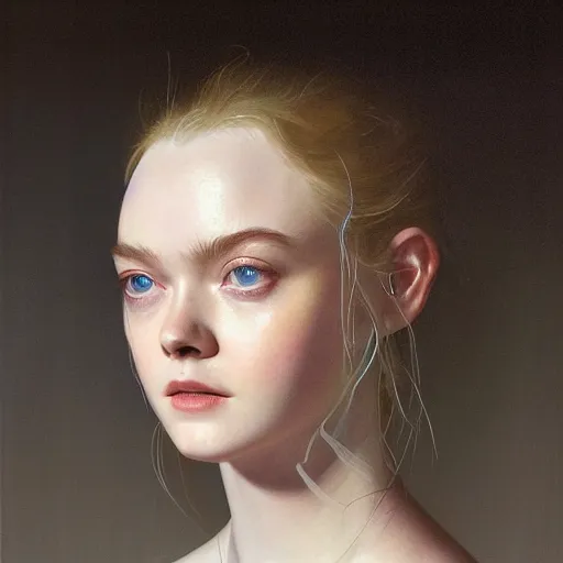 Prompt: Elle Fanning lost in limbo in the world of Adam Wyeth, head and shoulders portrait, stormy weather, extremely detailed masterpiece, oil on canvas, low-key neon lighting, artstation, Blade Runner 2049, Roger Deakin’s cinematography, by J. C. Leyendecker and Peter Paul Rubens and Edward Hopper and Michael Sowa,