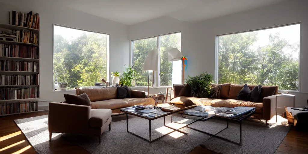 Prompt: insanely detailed wide angle photograph, atmospheric, light bloom, sunlight shining through windows, reflections, award winning contemporary minimalist interior design living room, dusk, cozy and calm, fabrics and textiles, colorful accents, brass, copper, secluded, many light sources, lamps, oiled hardwood floors, book shelf, couch, desk, balcony door, plants