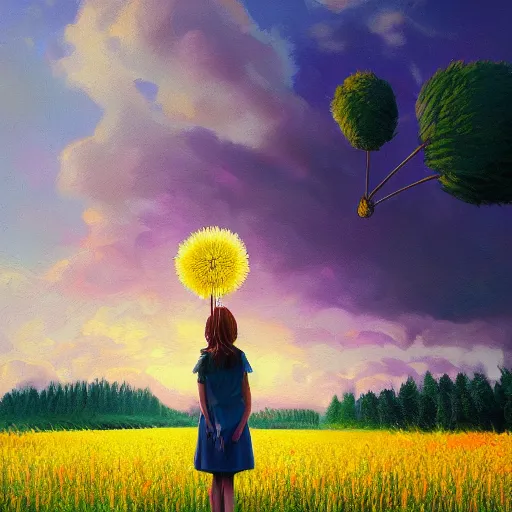 Image similar to girl with dandelion head, surreal photography, dream, standing in flower field, hills, big trees, sunrise dramatic light, impressionist painting, colorful clouds, digital painting, pointillism, artstation, simon stalenhag