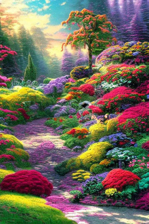 Prompt: a beautiful landscape with incredible flora by dr. seuss and thomas kinkade