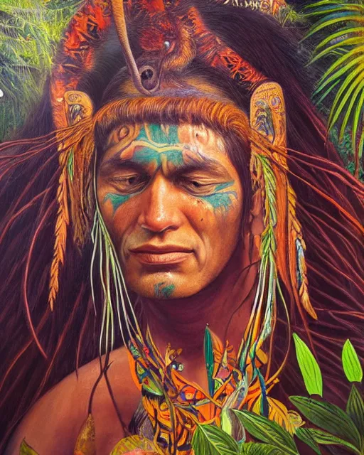 Prompt: a beautiful painting of an amazonian shaman healer sitting in the jungle, doing a prayer, ayahuasca, high detail painting, fantasy art, highly detailed, realistic face, only one face, starry sky, canopee