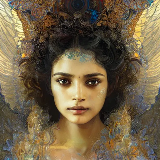 Image similar to Sri lankan girl as a winged angel covered in eyes with glowing halo, iridescent, seraphim, fantasy, intricate, elegant, highly detailed, digital painting, artstation, concept art, smooth, sharp focus, illustration, art by Krenz Cushart and Artem Demura and alphonse mucha