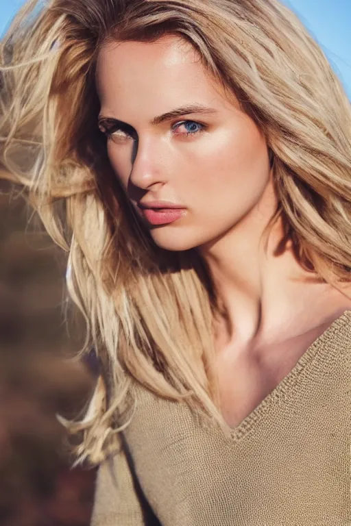 Image similar to olive skinned blonde female model in her twenties, wearing a v - neck sweater, looking content, focused on her neck, photo realistic, extreme detail skin, natural beauty, no filter, slr, golden hour, 4 k, high definition, selfie