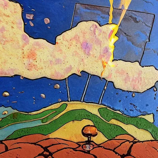 Image similar to oil on styrofoam crust - painting landscape with melt of the captain picard raining wine down on the infidels of the vulcan kingdom