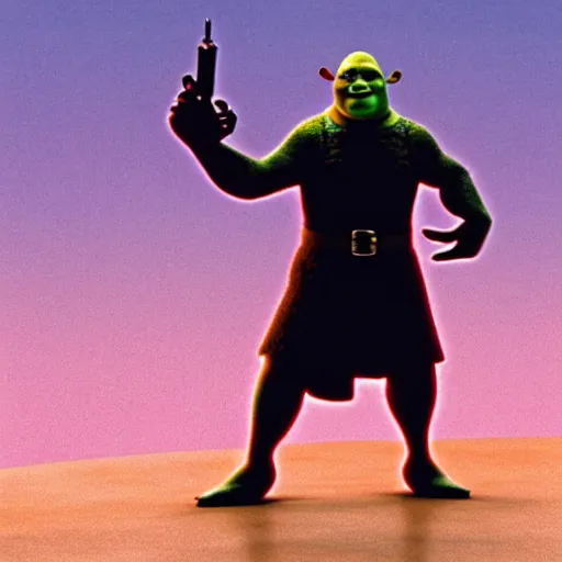 Prompt: Shrek as Neo from The Matrix, early screen test, cinematic, Kodak 2383 film